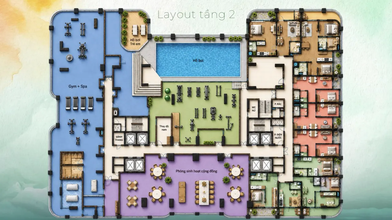 Layout tầng 2 tòa F2 FourS Tower: hồ bơi, Gym + Spa, phòng sinh hoạt cộng đồng