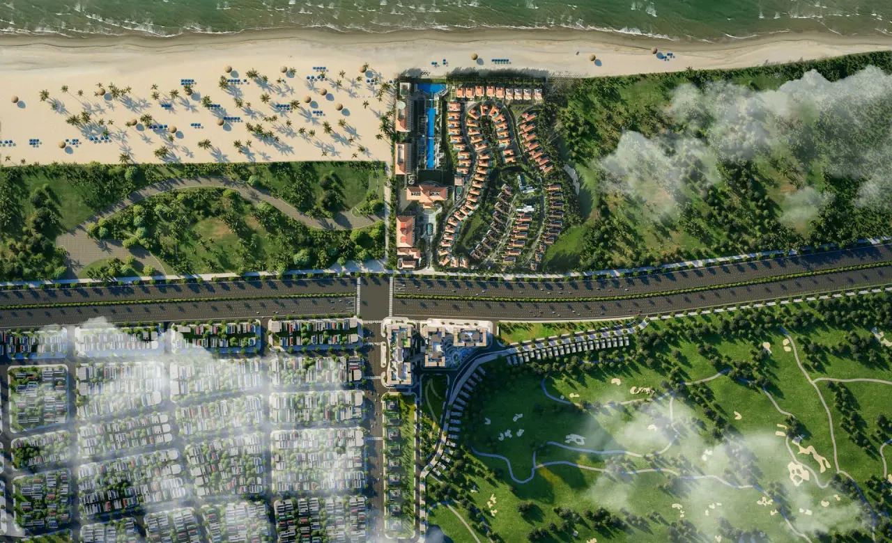 Vị trí Newtown Diamond nhìn từ trên cao, kẹp giữa bãi biển, khu villa resort và sân golf