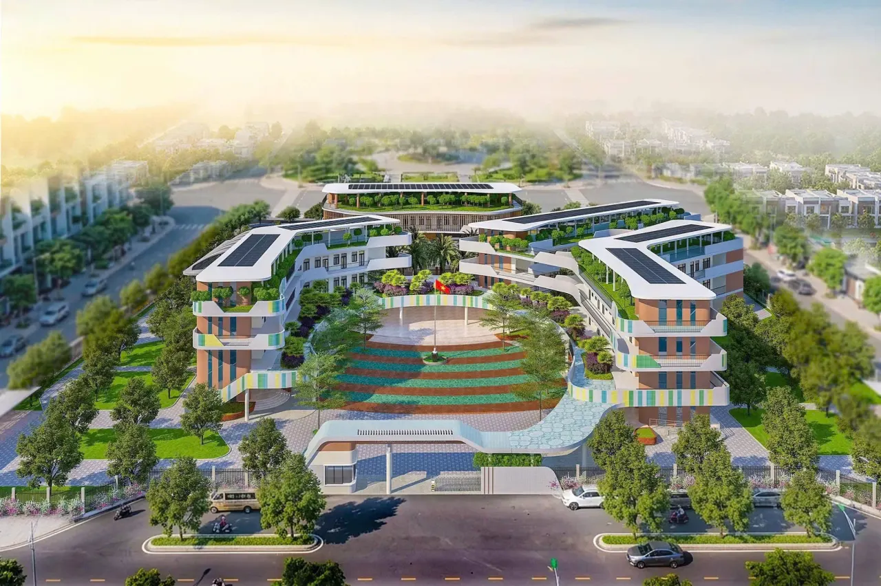 Phối cảnh toàn cảnh khối công trình được cho là trường tiểu học nhìn từ trên cao lúc hoàng hôn