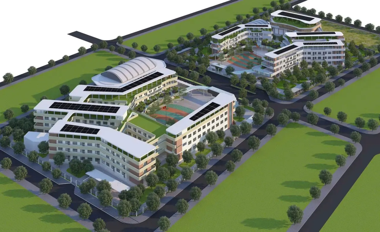 Phối cảnh toàn cảnh trên cao cụm công trình trường học tại khu vực Sun Neo City, Hòa Xuân, Đà Nẵng