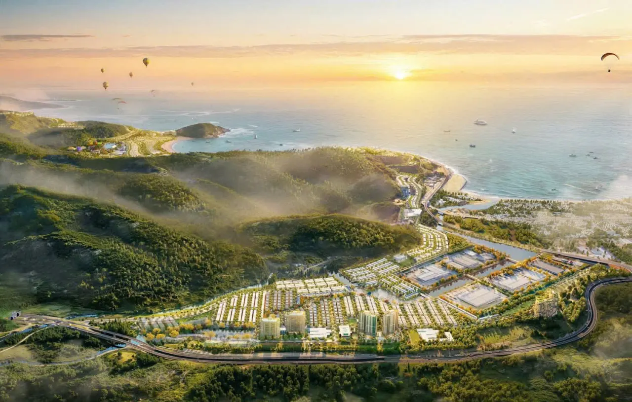 Phối cảnh quần thể biệt thự và liền kề Vinhomes Hải Vân Bay lúc bình minh